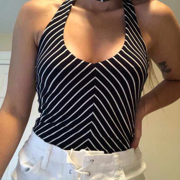 Asymmetrical Navy and White Striped Bodysuit - Picture 2 of 2